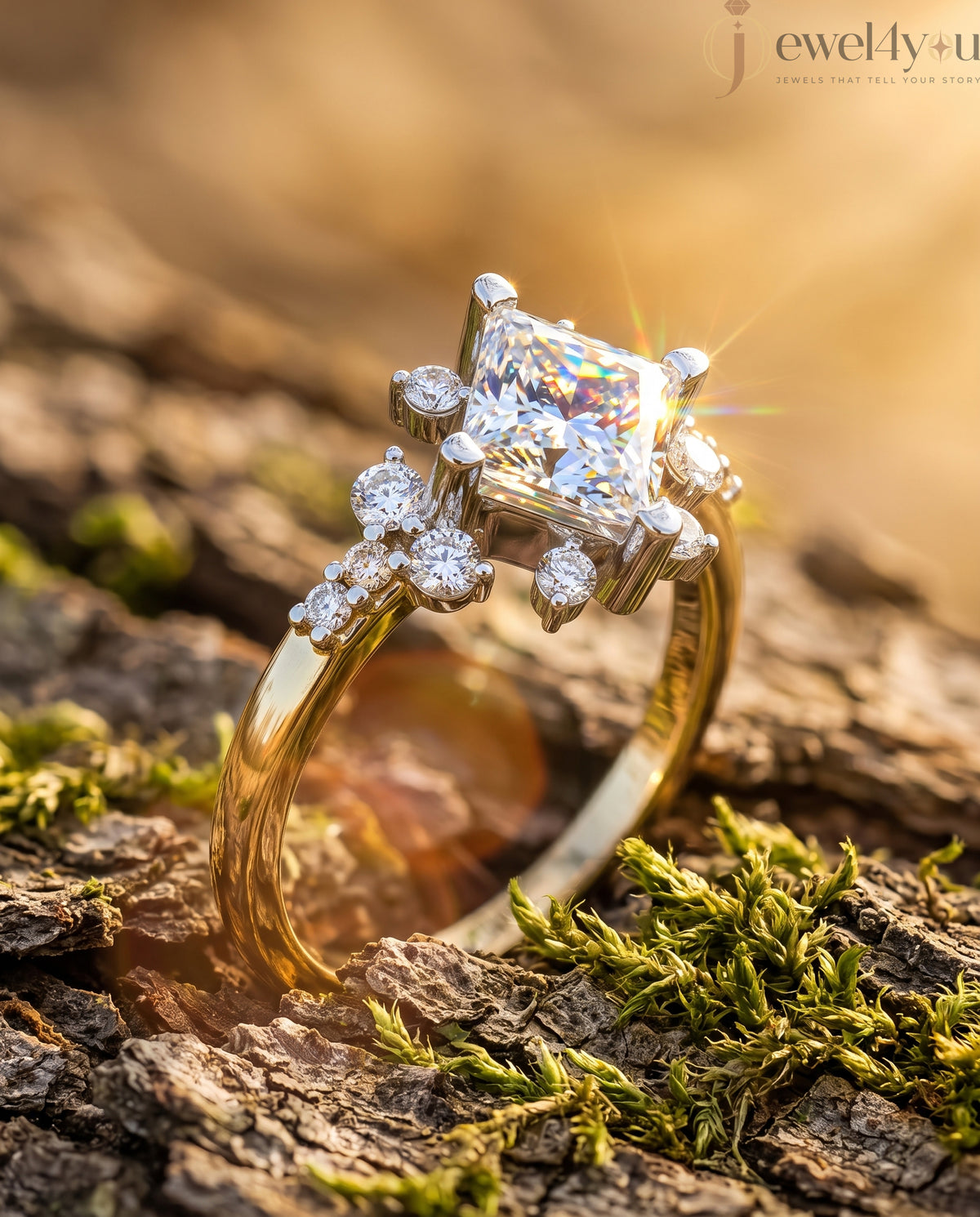 PRINCESS CUT LAB DIAMOND ENGAGEMENT RING WITH VINTAGE CLUSTER SETTING AND ACCENT DIAMONDS IN YELLOW GOLD ##YELLOW GOLD