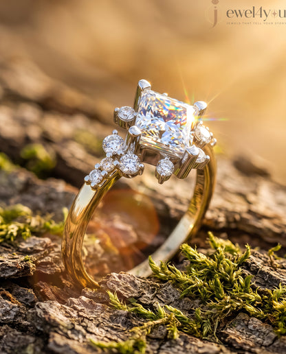 PRINCESS CUT LAB DIAMOND ENGAGEMENT RING WITH VINTAGE CLUSTER SETTING AND ACCENT DIAMONDS IN YELLOW GOLD 