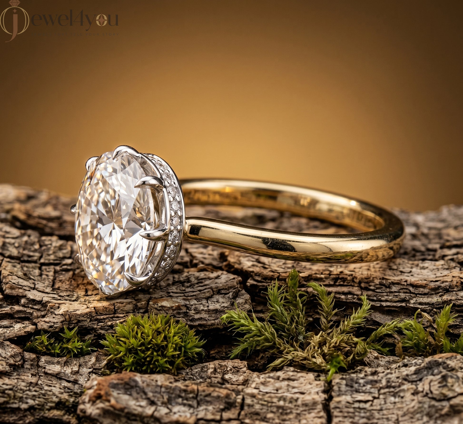 Yellow Gold solitaire oval lab-grown diamond ring with white gold crown setting and pavé hidden halo #YELLOW GOLD