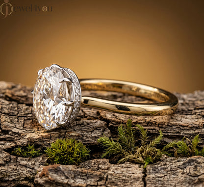 Yellow Gold solitaire oval lab-grown diamond ring with white gold crown setting and pavé hidden halo #YELLOW GOLD