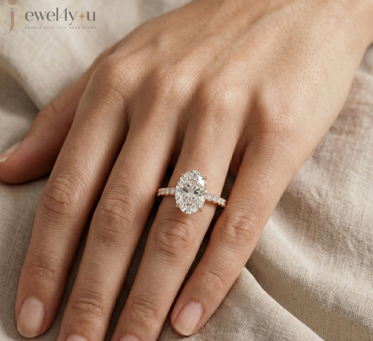 OVAL-CUT SOLITAIRE LAB-GROWN DIAMOND RING IN ROSE GOLD WITH ROUND-CUT 