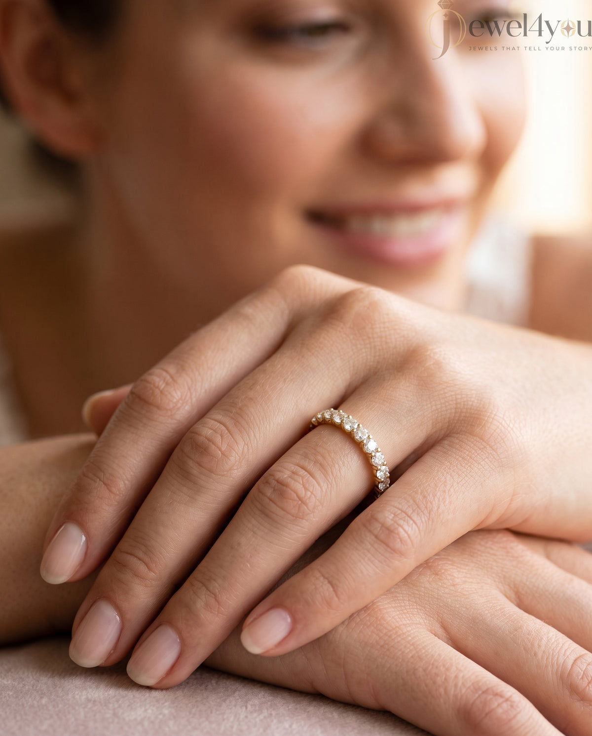 Yellow gold lab-grown diamond ring featuring half eternity prong-set D–F color, VVS clarity diamonds #YELLOW GOLD