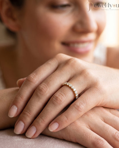 Yellow gold lab-grown diamond ring featuring half eternity prong-set D–F color, VVS clarity diamonds #YELLOW GOLD