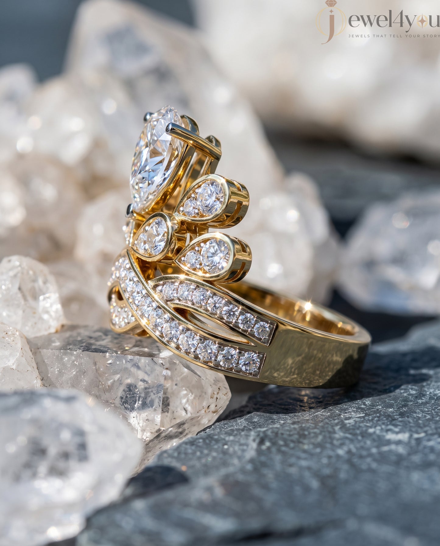 PEAR AND ROUND DIAMOND YELLOW GOLD RING ##YELLOW GOLD