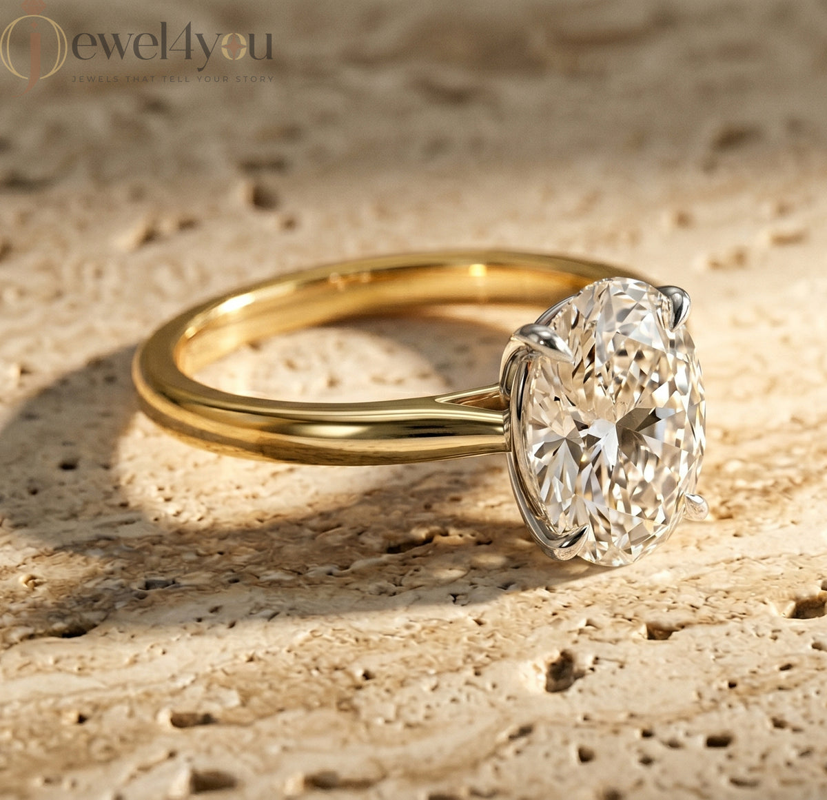 Yellow gold oval diamond solitaire engagement ring with white-gold prong setting #YELLOW GOLD