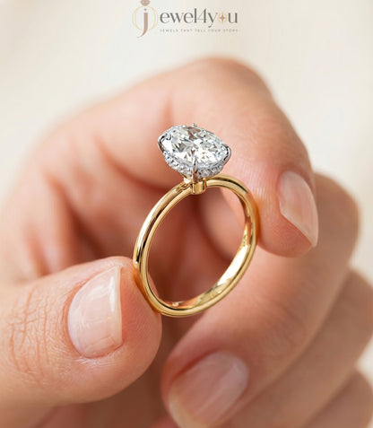 Yellow gold oval diamond engagement ring with white hidden crown setting #YELLOW GOLD