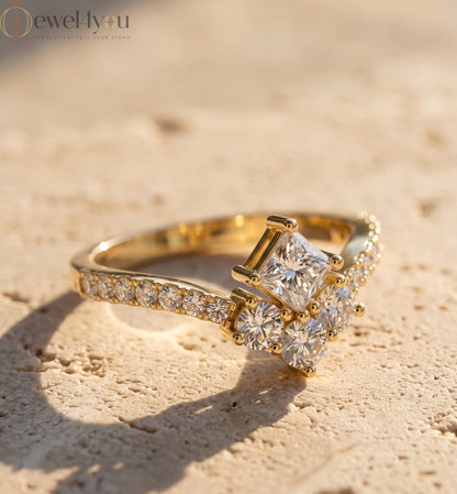 Lab-grown diamond ring with V-shaped cluster design, princess and round diamonds, VVS to VS+ clarity, D–F color, Yellow Gold #YELLOW GOLD