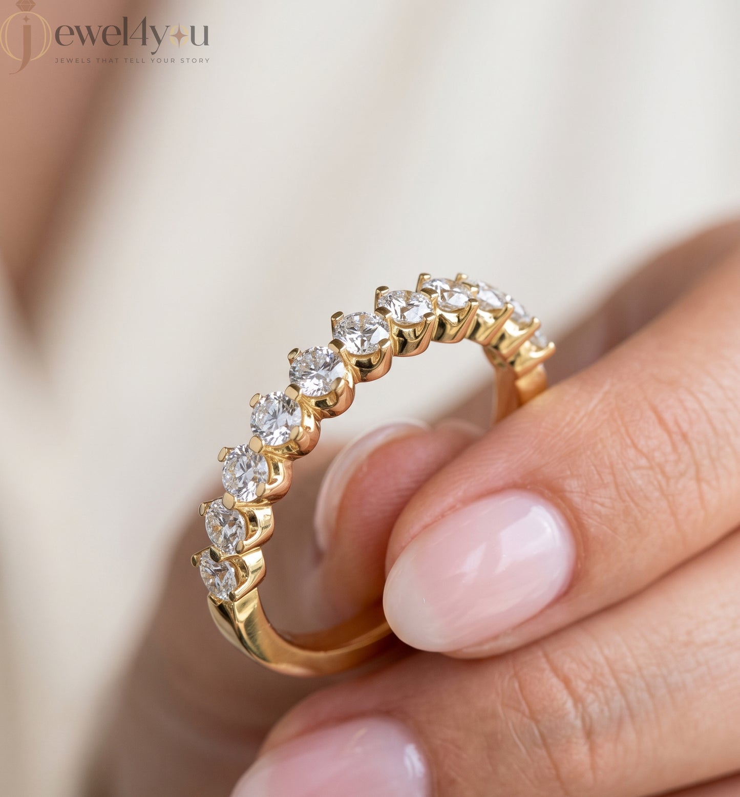 Yellow Gold half eternity lab-grown diamond ring with shared prong settings and D–F color VVS to VS+ clarity diamonds #YELLOW GOLD
