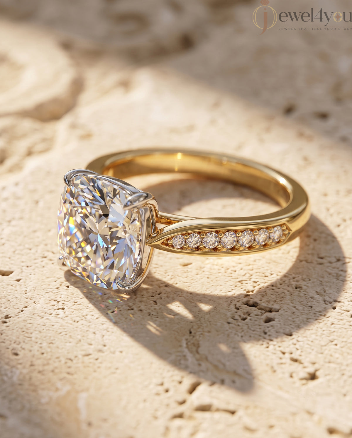 CUSHION-CUT LAB-GROWN DIAMOND SOLITAIRE ENGAGEMENT RING WITH ROUND ACCENT DIAMONDS IN YELLOW GOLD ## YELLOW GOLD