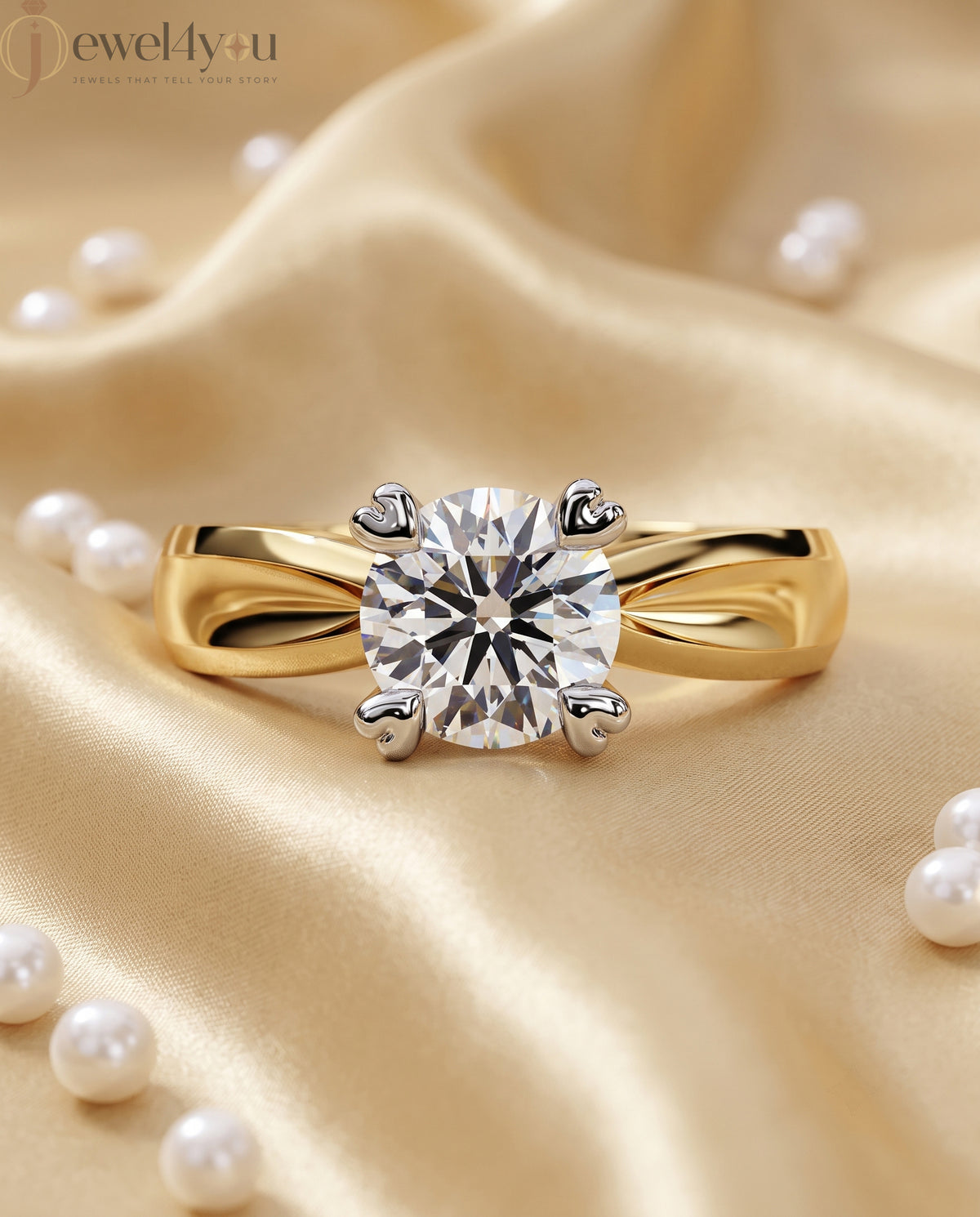 Yellow Gold engagement lab-grown ring with round solitaire and White Gold heart-prong setting, VVS clarity D–F color diamond #YELLOW GOLD