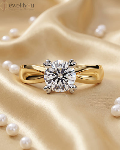 Yellow Gold engagement lab-grown ring with round solitaire and White Gold heart-prong setting, VVS clarity D–F color diamond #YELLOW GOLD