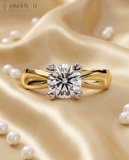 Yellow Gold engagement lab-grown ring with round solitaire and White Gold heart-prong setting, VVS clarity D–F color diamond #YELLOW GOLD
