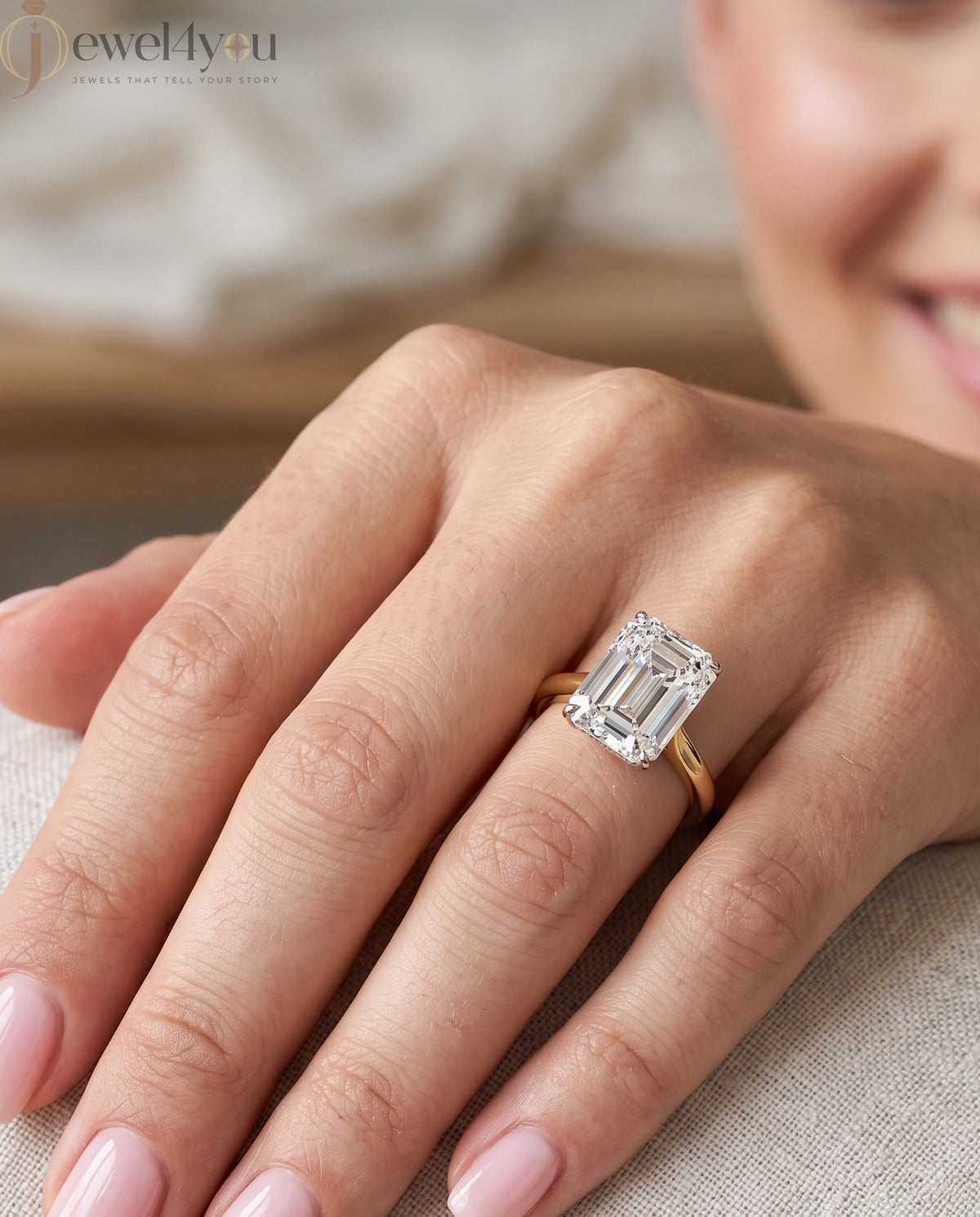 YELLOW GOLD EMERALD -CUT LAB-GROWN DIAMOND ENGAGEMENT RING 