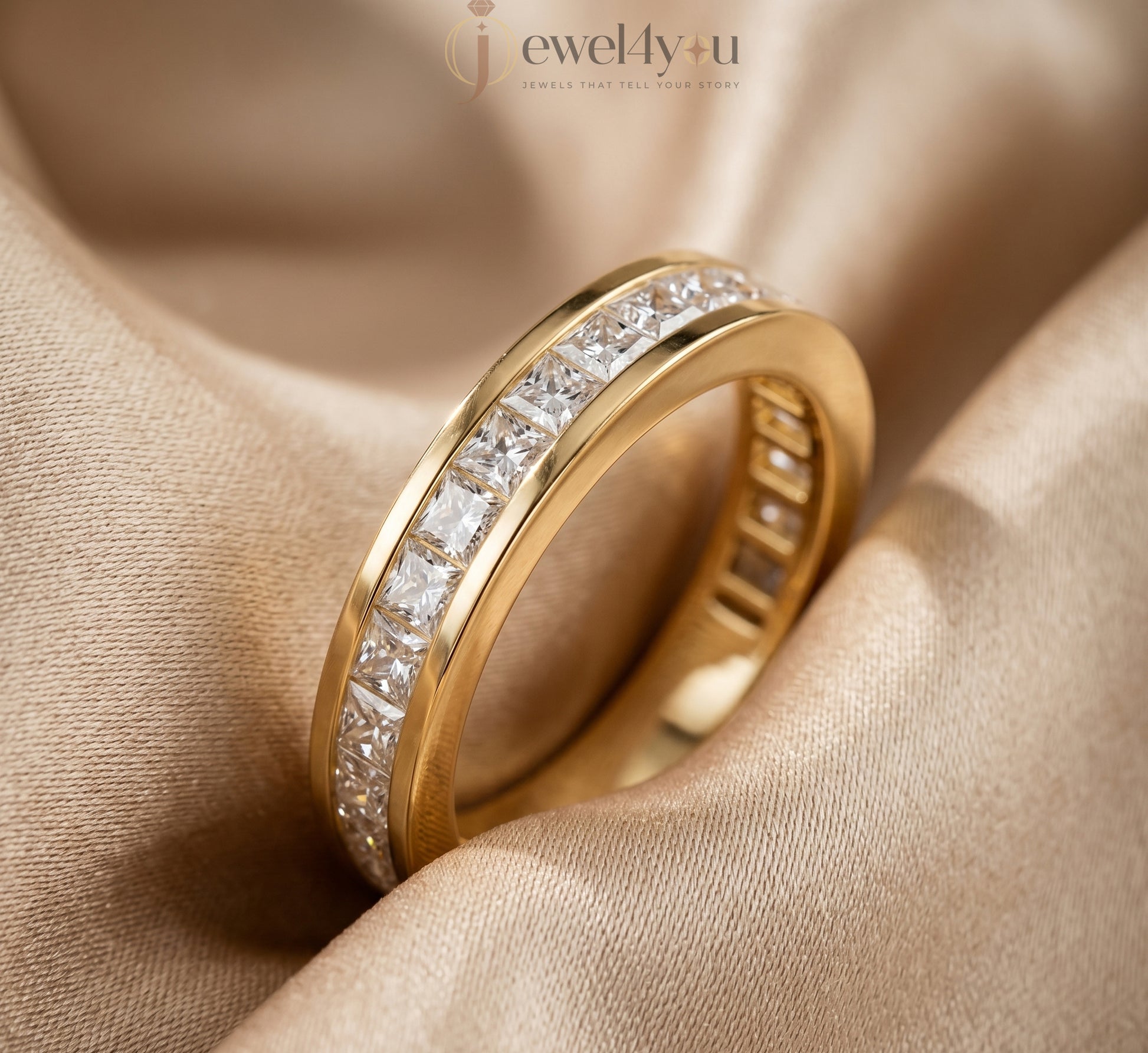 Yellow gold princess channel half eternity lab-grown diamond ring, D–F color VVS to VS+ clarity diamonds in sleek solid gold band #YELLOW GOLD