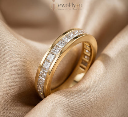 Yellow gold princess channel half eternity lab-grown diamond ring, D–F color VVS to VS+ clarity diamonds in sleek solid gold band #YELLOW GOLD