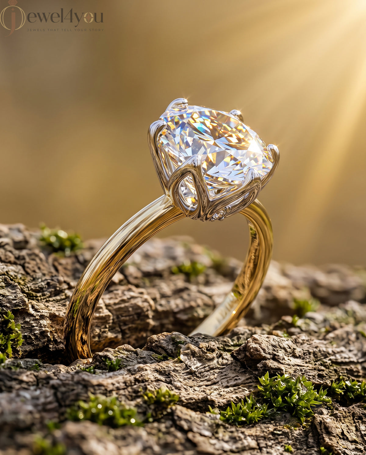 YELLOW GOLD SOLITAIRE RING WITH ROUND LAB-GROWN DIAMOND IN SIX-PRONG FLORAL CATHEDRAL SETTING ##YELLOW GOLD