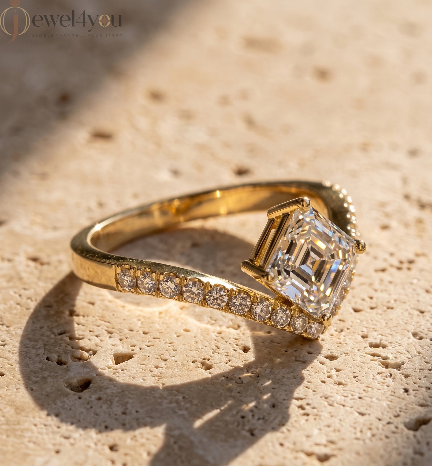 Lab-grown diamond ring with asscher-cut center, V-shaped chevron design, VVS to VS+ clarity, D–F color, Yellow Gold  #YELLOW GOLD