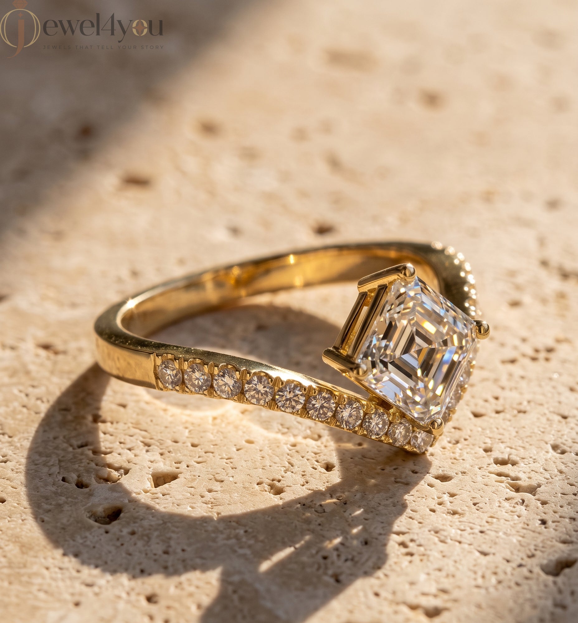 Lab-grown diamond ring with asscher-cut center, V-shaped chevron design, VVS to VS+ clarity, D–F color, Yellow Gold  #YELLOW GOLD