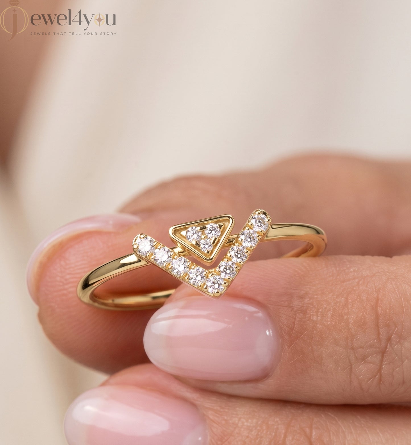 Lab-grown diamond ring with split-style chevron band and floating triangle design, round diamonds, VVS to VS+ clarity, D–F color, Yellow Gold #YELLOW GOLD