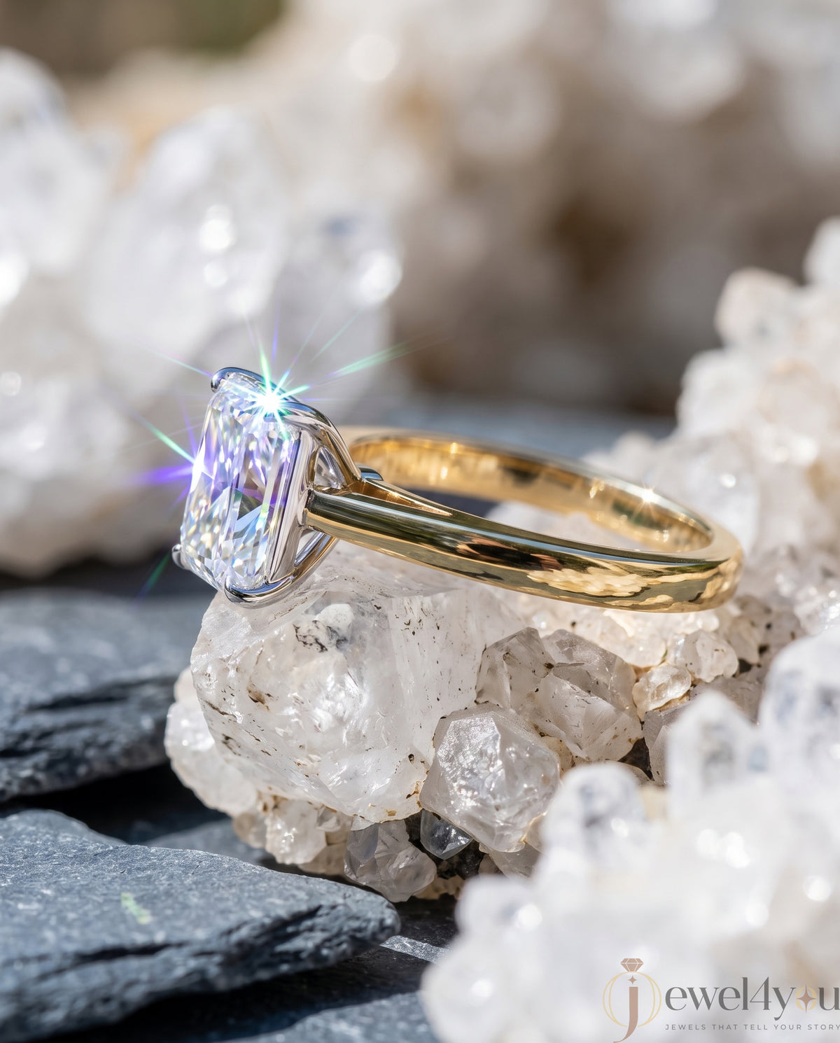 Radiant-cut solitaire ring in yellow gold showing cathedral shoulders and prong setting #YELLOW GOLD