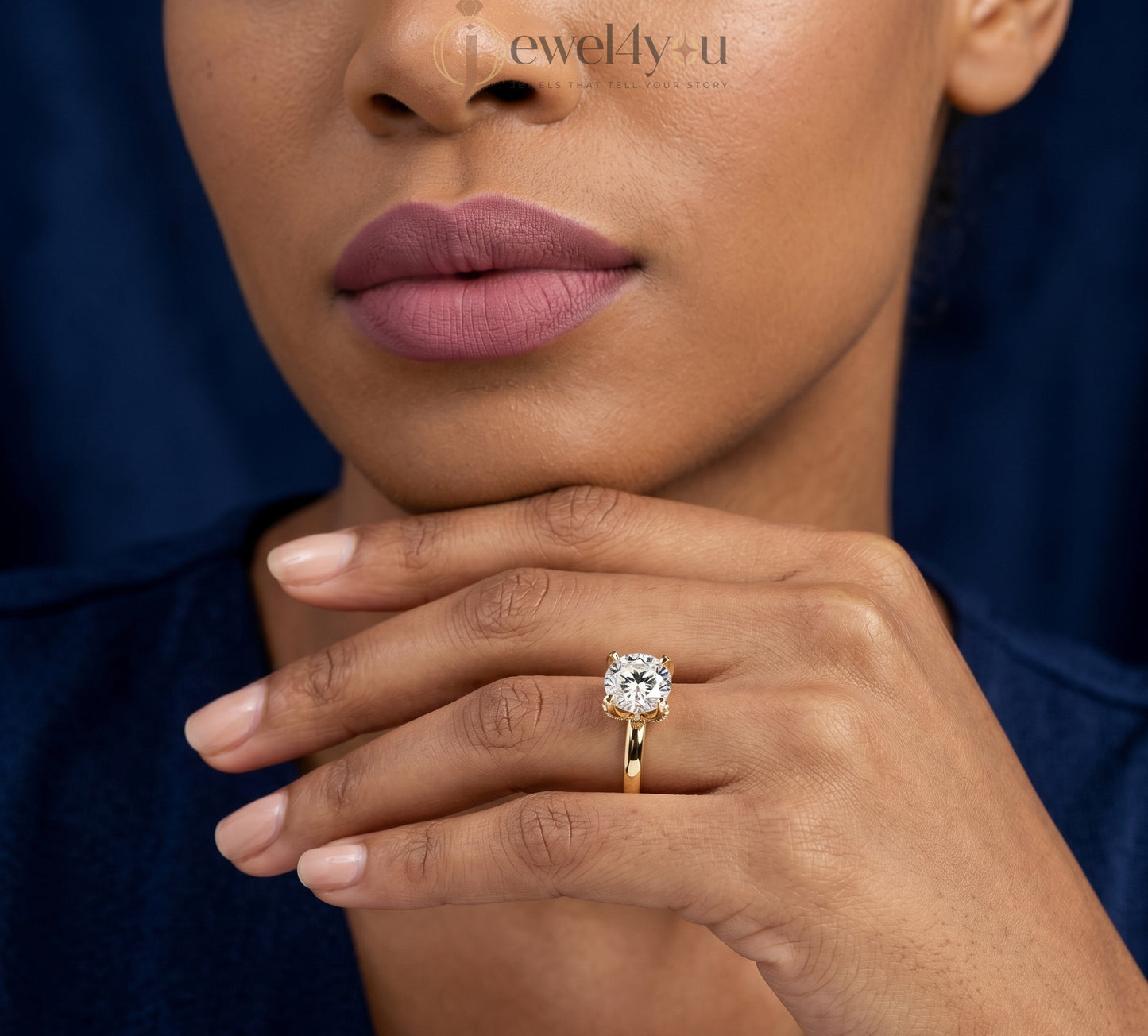 Yellow gold round solitaire ring with four prongs and hidden pave basket #YELLOW GOLD