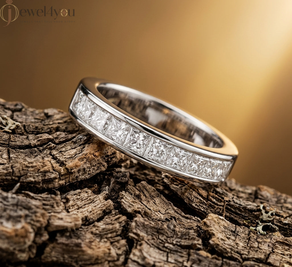 Princess channel-style lab-grown diamond ring, D–F color VVS to VS+ diamonds in bright white gold band #WHITE GOLD