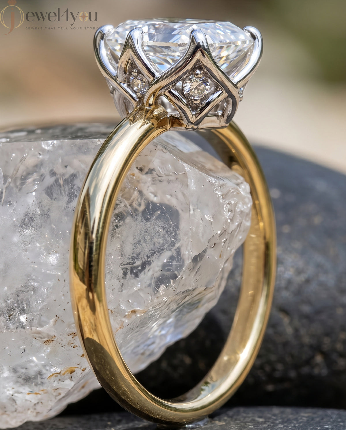Yellow Gold band with White Gold X-gallery radiant-cut lab-grown diamond ring featuring hidden round side diamonds #YELLOW GOLD