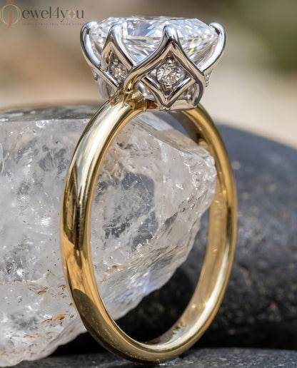 Yellow Gold band with White Gold X-gallery radiant-cut lab-grown diamond ring featuring hidden round side diamonds #YELLOW GOLD