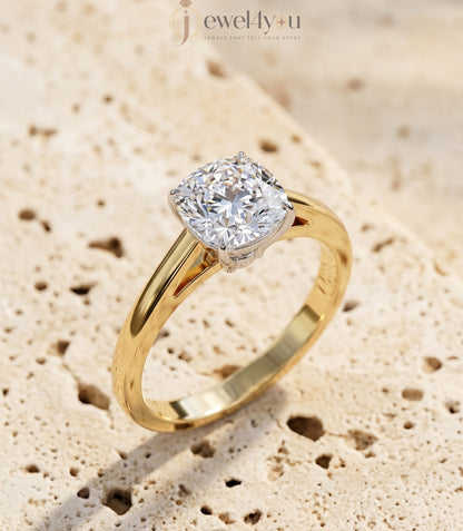 Yellow gold cushion diamond solitaire ring with white gold cathedral basket setting #YELLOW GOLD