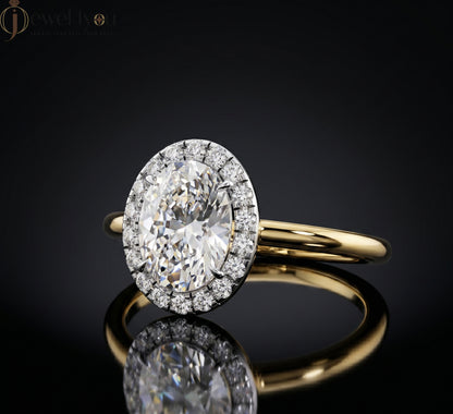 YELLOW GOLD WITH OVAL CENTER AND ROUND HALO 