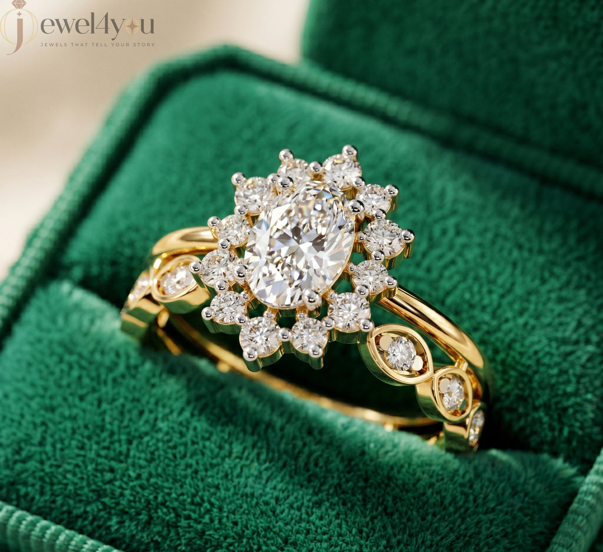 OVAL AND ROUND DIAMOND YELLOW GOLD HALO RING 