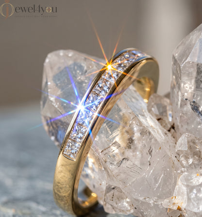 Yellow gold princess-cut lab-grown diamond half eternity band ring with sleek channel-style inset-flush setting and D–F color VVS to VS+ clarity diamonds #YELLOW GOLD