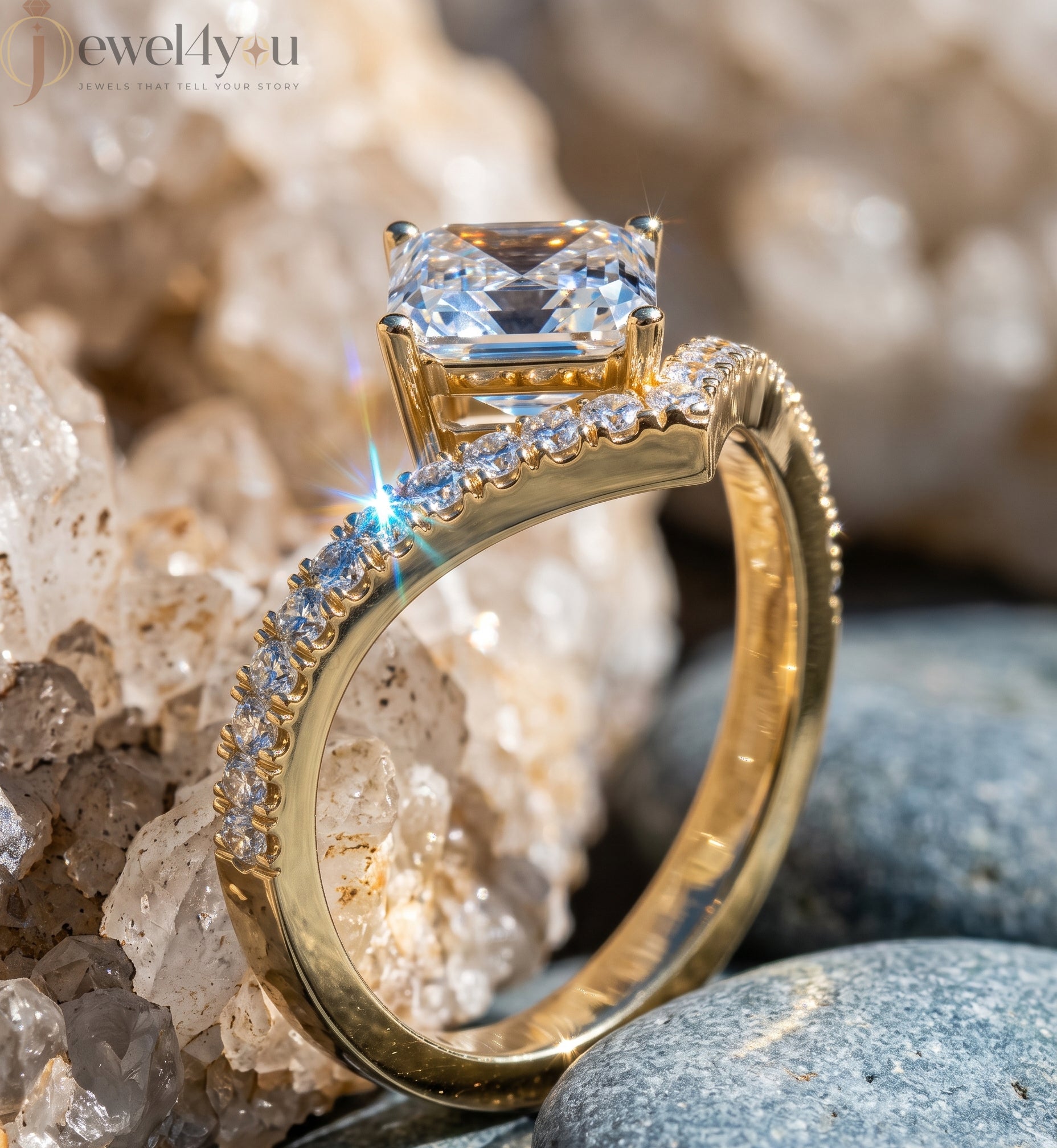 Lab-grown diamond ring with asscher-cut center, V-shaped chevron design, VVS to VS+ clarity, D–F color, Yellow Gold  #YELLOW GOLD