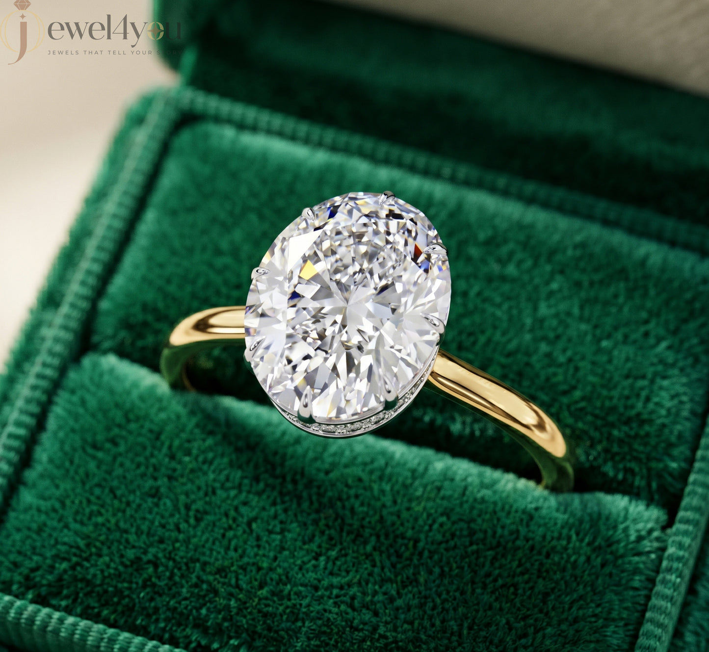 Yellow Gold solitaire oval lab-grown diamond ring with white gold crown setting and pavé hidden halo #YELLOW GOLD