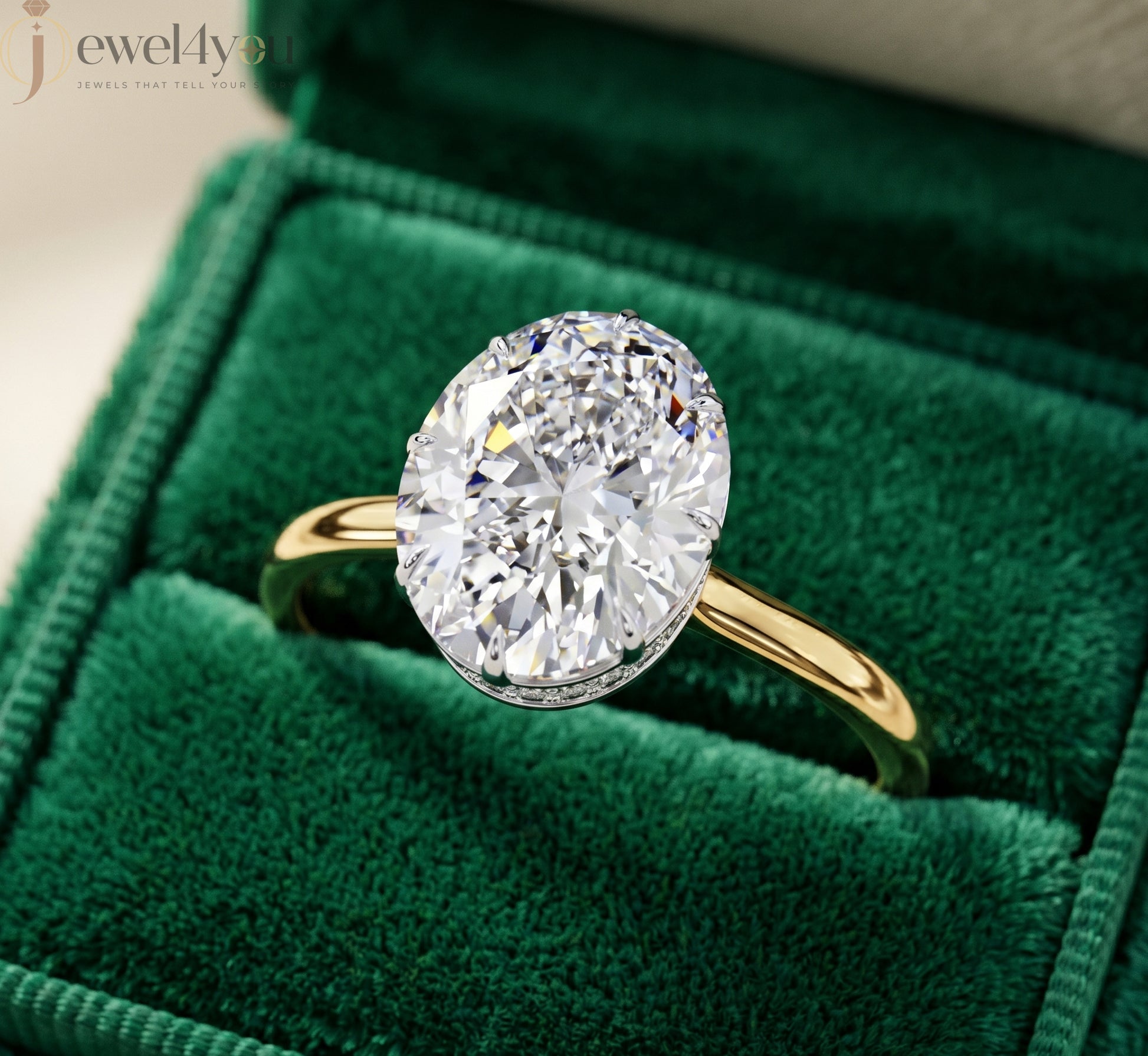 Yellow Gold solitaire oval lab-grown diamond ring with white gold crown setting and pavé hidden halo #YELLOW GOLD