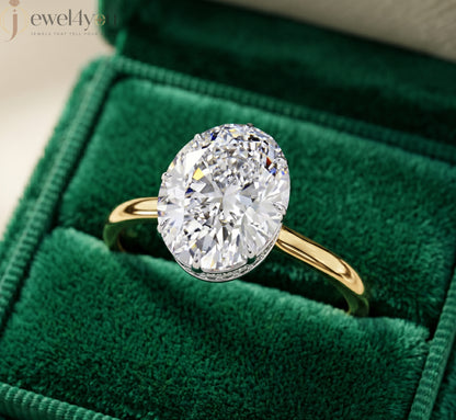 Yellow Gold solitaire oval lab-grown diamond ring with white gold crown setting and pavé hidden halo #YELLOW GOLD
