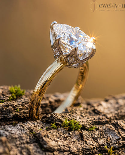 Yellow Gold solitaire lab-grown diamond ring with pear center and white gold lotus crown gallery #YELLOW GOLD