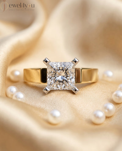 Yellow gold princess-cut solitaire ring with quad corner prongs 