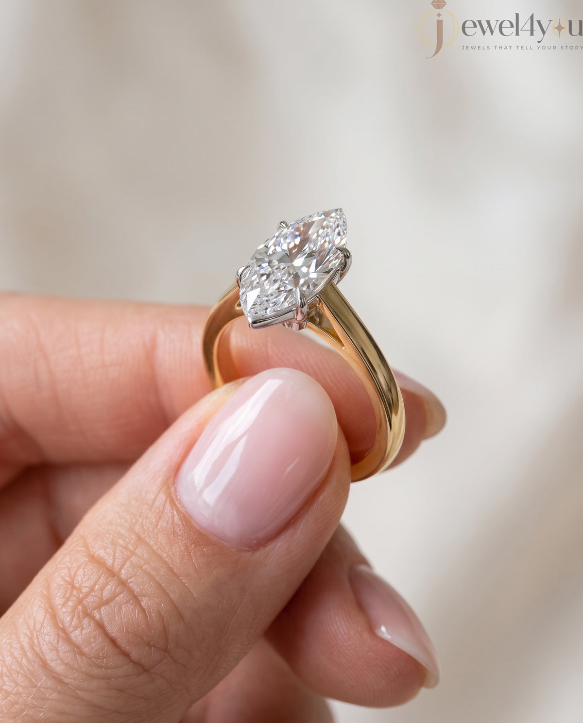 Marquise diamond cathedral solitaire engagement ring in yellow gold with white prongs #YELLOW GOLD