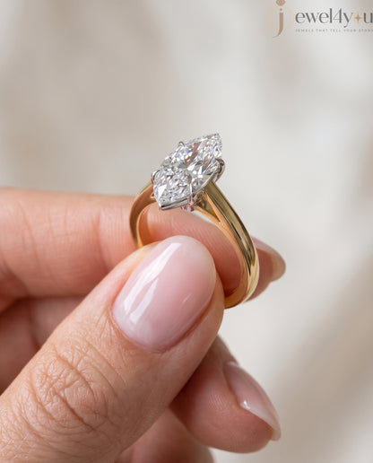 Marquise diamond cathedral solitaire engagement ring in yellow gold with white prongs #YELLOW GOLD