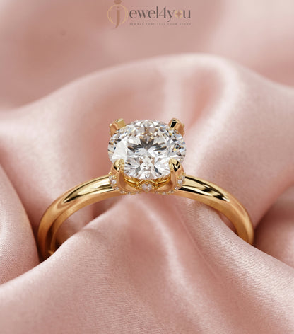 Yellow gold round solitaire ring with four prongs and hidden pave basket #YELLOW GOLD