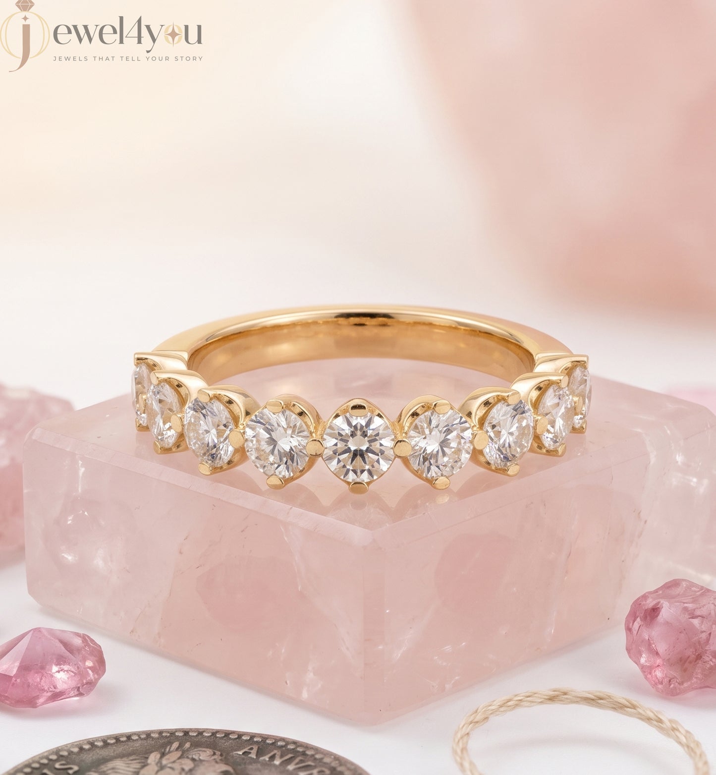 Yellow Gold half eternity lab-grown diamond ring with shared prong settings and D–F color VVS to VS+ clarity diamonds #YELLOW GOLD