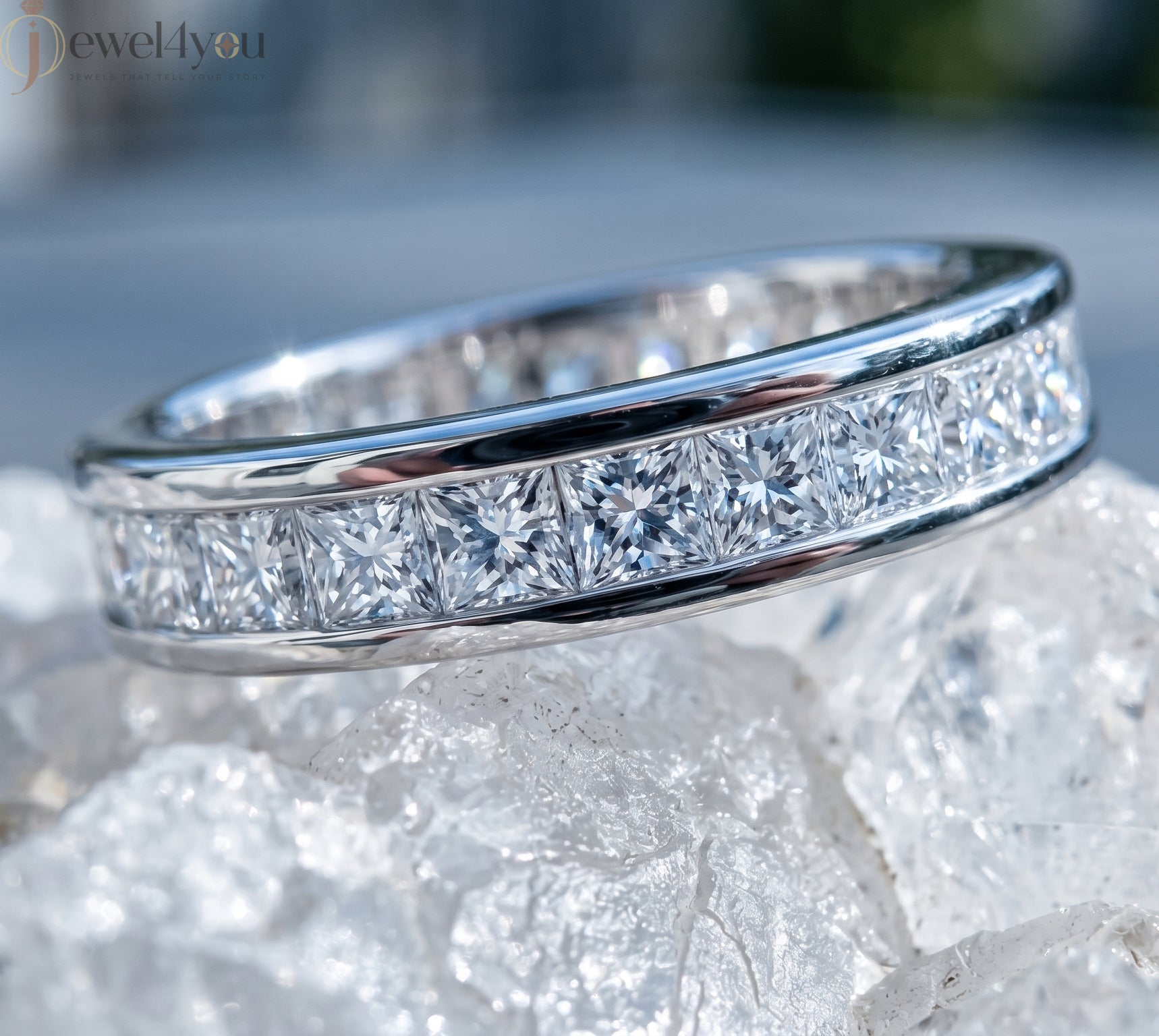 Princess channel-style lab-grown diamond ring, D–F color VVS to VS+ diamonds in bright white gold band #WHITE GOLD