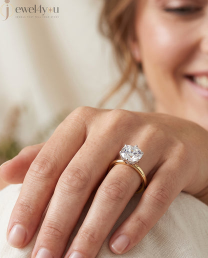 YELLOW GOLD SOLITAIRE RING WITH ROUND LAB-GROWN DIAMOND IN SIX-PRONG FLORAL CATHEDRAL SETTING 
