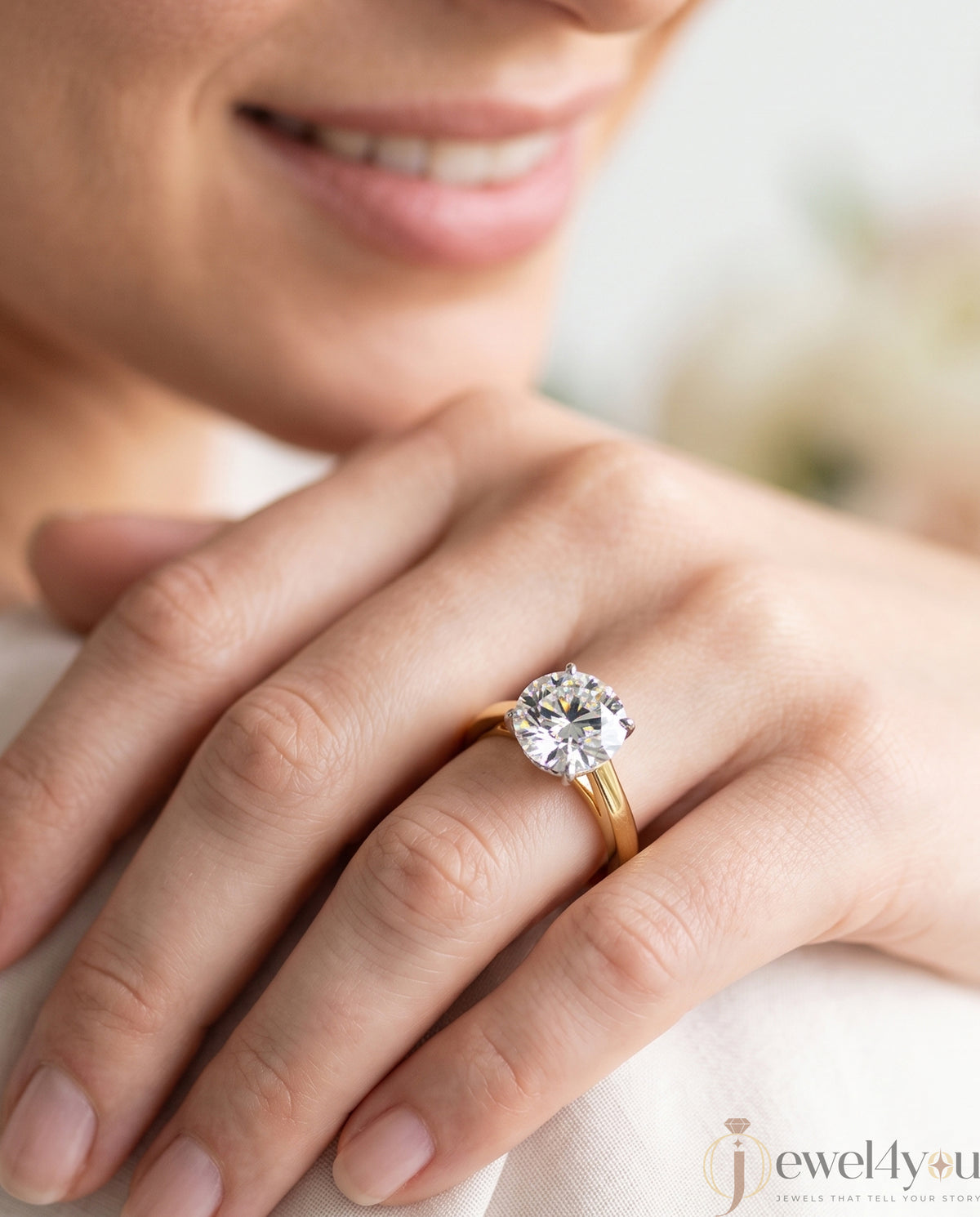 Yellow gold solitaire engagement ring with white gold four-prong diamond basket #YELLOW GOLD