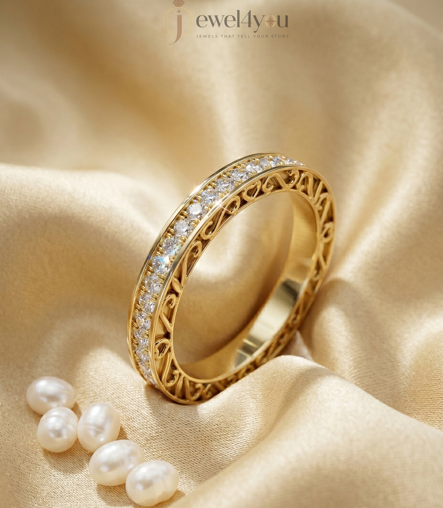 Yellow gold lab-grown diamond eternity band ring with intricate heart filigree and pavé set VVS to VS+ D–F diamonds #YELLOW GOLD