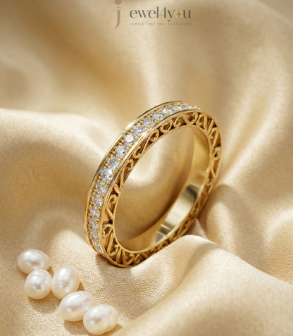 Yellow gold lab-grown diamond eternity band ring with intricate heart filigree and pavé set VVS to VS+ D–F diamonds #YELLOW GOLD