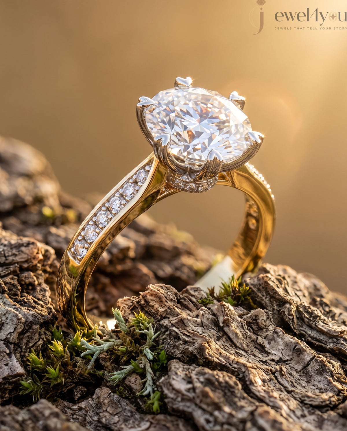 Yellow-gold pave shoulder engagement ring with round solitaire and hidden bridge diamonds #YELLOW GOLD