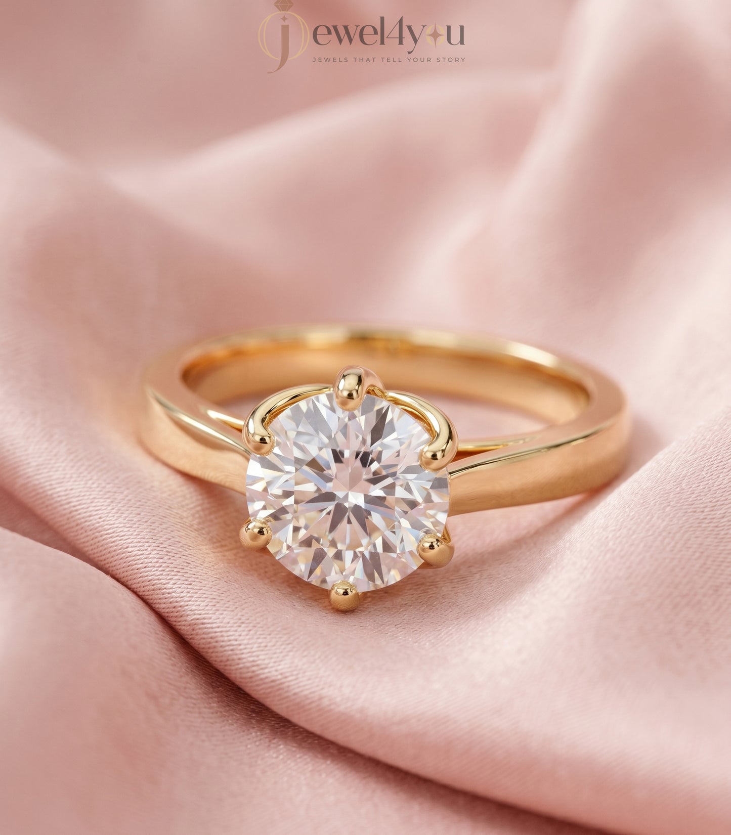 Yellow gold round solitaire engagement ring with six prongs and smooth plain shank #YELLOW GOLD