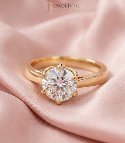 Yellow gold round solitaire engagement ring with six prongs and smooth plain shank #YELLOW GOLD